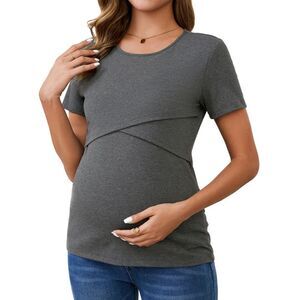 Ribbed Knit Short Sleeve Crossover Maternity Breastfeeding Top Black